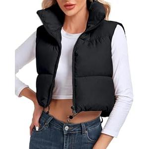 Cityork Women's Cropped Puffer Vest Sleeveless High Stand Collar Crop Outerwear Zip Up Warm Padded Gilet, XS