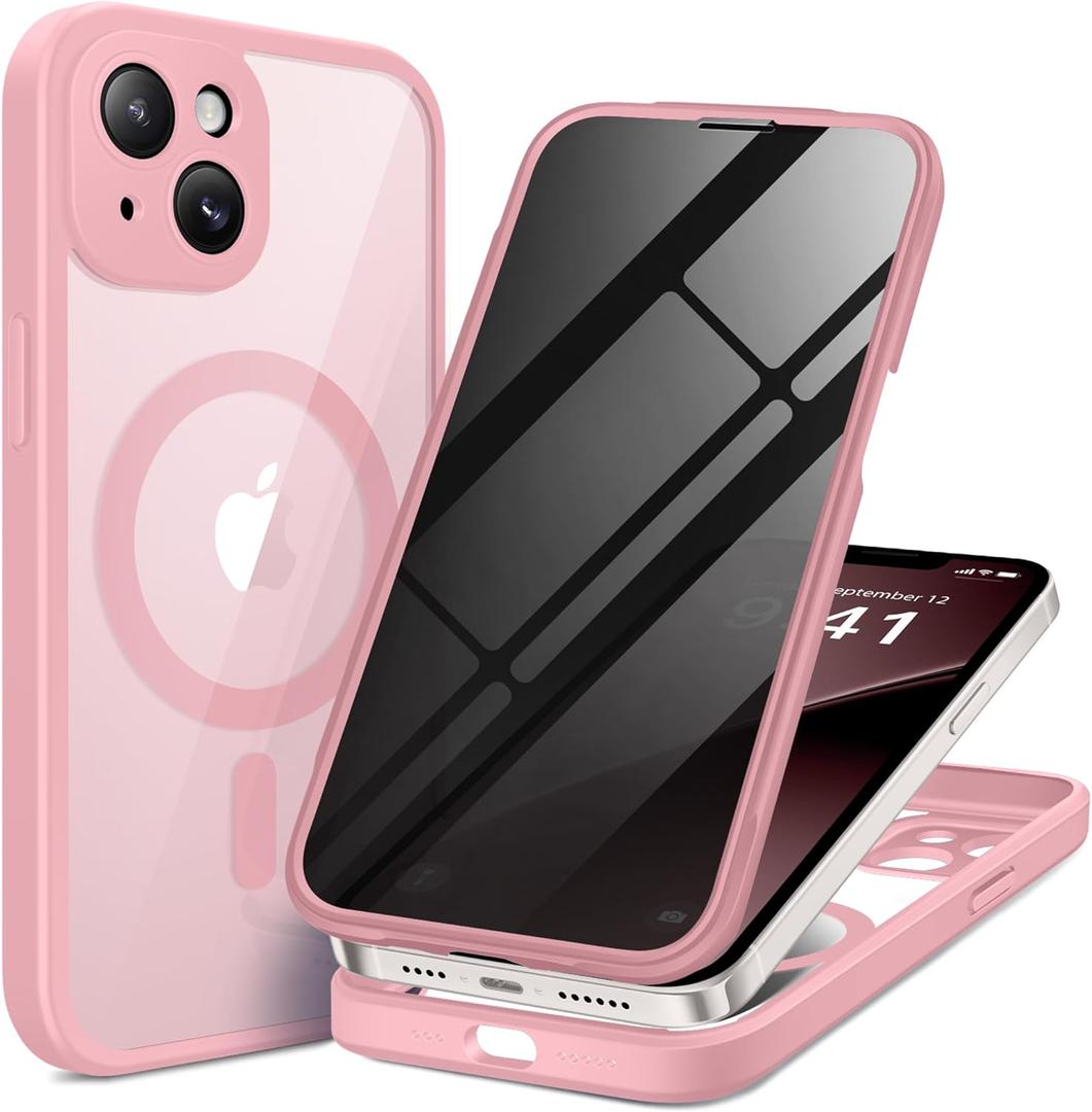 BERFY for iPhone 14 Case, Compatible with MagSafe, Built-in Privacy Screen Protector and Camera Protection, Anti-Spy Full Body Shockproof Clear Phone Case for 14 6.1", Pink