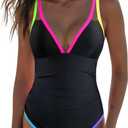 popvil Women's One Piece 2025 Tummy Control Swimsuits Neon Color Block Swimwear Deep V Neck Slimming Bathing Suit (Medium, Black1)