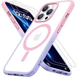 Magnetic for iPhone 13 Pro Case [Compatible with MagSafe] with 2X Screen Protector, Military-Grade Slim Shockproof Phone Cover Translucent Anti-Fingerprint for iPhone 13 Pro 6.1'', Pink-Purple