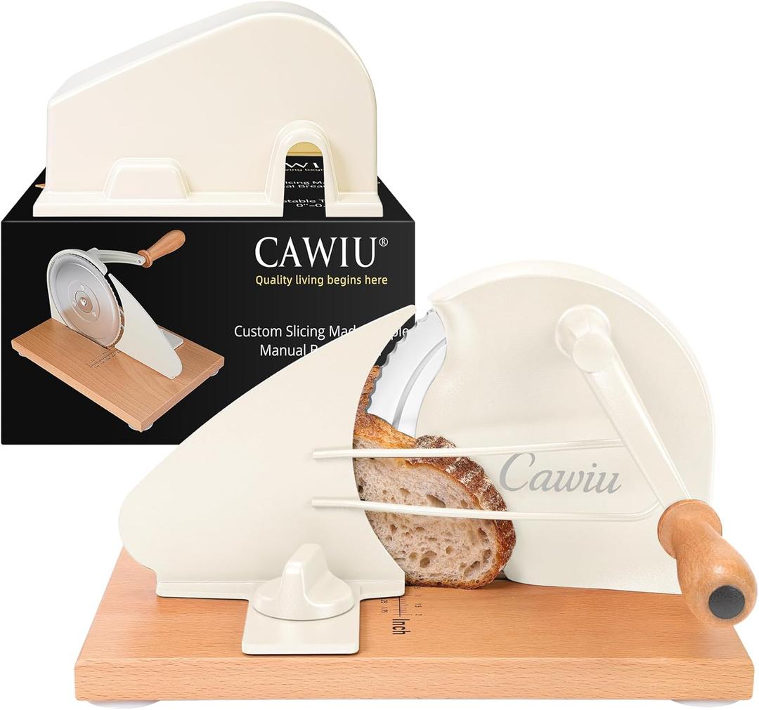 Upgraded Manual Bread Slicer for Homemade Sourdough Bread - Adjustable Thickness Bread Cutter with Hand Crank, Suction Cups, Slicing Guide, Scale Line & Cover, for Perfect Even Slices (Cream)