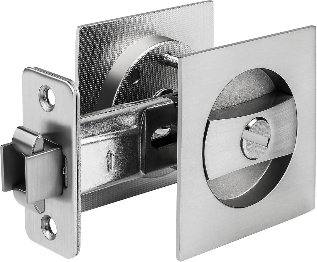 Pocket Door Lock Brushed Nickel, Privacy Square Pocket Door Hardware Not-Adjustable 2-3/8" Latch, Pocket Door Handles for Pocket Doors Sliding Doors 1 Pack