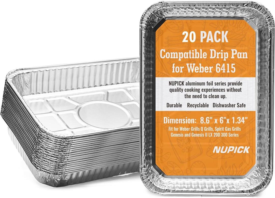 NUPICK 20 Pack 6415 Drip Pans Compatible for Weber Spirit Series, Genesis Series, Q Series Grills, Disposable Aluminum Foil Grease Trays, 8.5" x 6"