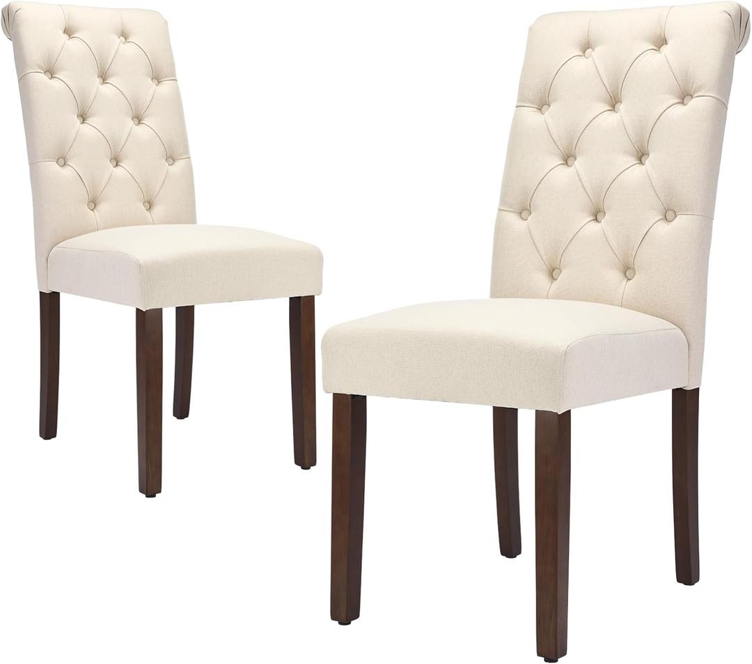 Tufted Dining Chairs Set of 2, Upholstered Parsons Dining Room Chairs, Fabric Kitchen Side Chair with Wood Legs, Beige