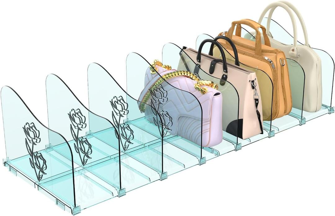 Rose Purse Dividers for Closet, 2 Pack Clear Clutch Purse Closet Organizers, Adjustable Handbag Storage Organizers, Plastic Bookshelf Separator Dividers for Bedroom Office