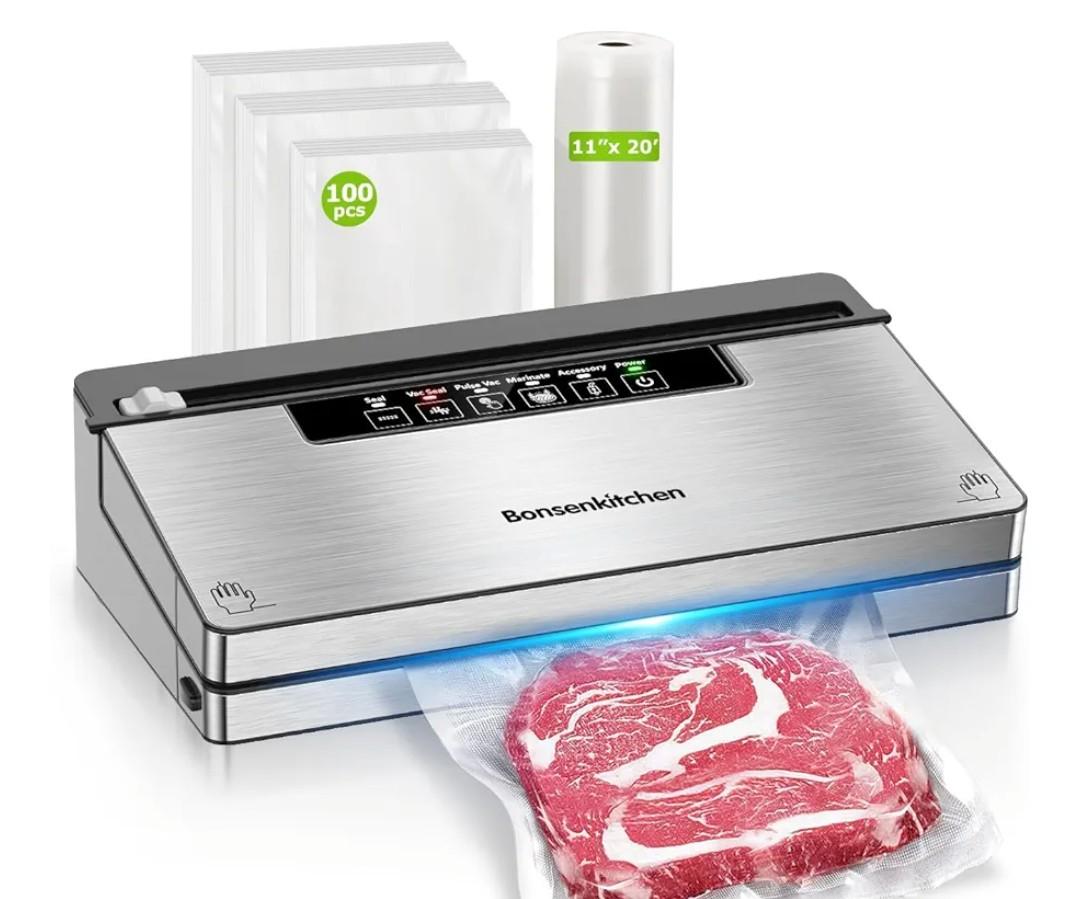 Bonsenkitchen Vacuum Sealer Machine, Stainless Steel Food Sealer Vacuum Sealers with 100 Bags & 1 Roll Bag, 5 Food Vacuum Modes, Built-in Cutter & Bag Storage, Silver-Black