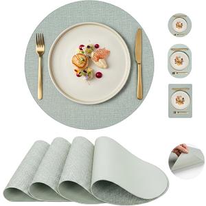 Faux Leather Placemats Set of 4, Wipeable Waterproof Stain Resistant Table Mats, Heat Resistant Thick Placemats with Hand-Painted Edges for Kitchen Dining, Imitative Linen Texture, Various Shapes