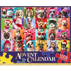 Advent Calendar 2025 Cat Puzzles for Adults 1008 Pieces, YOMESTE Dogs Jigsaw Puzzles of Pet Christmas , Painting Image 27.62"x19.7" Toys & Game Puzzle for Adults, Girls, Birthday Puzzle Funny Choices,24Box Aad 24Day
