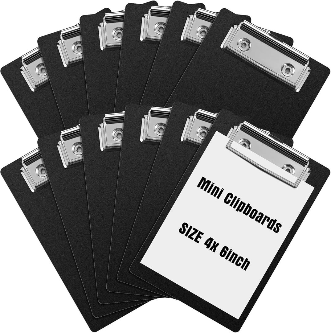 Eersida 12 Pack Mini Clipboards 4 x 6 Inch Small Pocket Plastic Memo Clipboards with Profile Clip for Small Notepads Receipts Tickets (Black)
