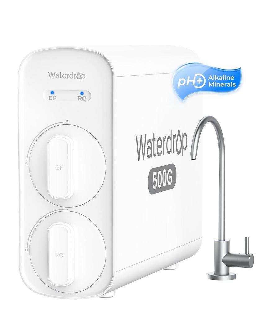 Waterdrop G5P500A Alkaline Mineral pH+ Reverse Osmosis Water Filter, NSF/ANSI 58 & 372 Certified, 8 Stage Reverse Osmosis System, 500G RO Water Filtration System, 2:1 Pure to Drain, Reduces TDS