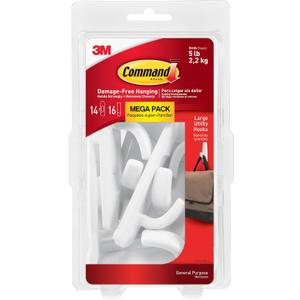 Command 5 lb Large Utility Hooks, 14 Hooks and 16 Strips, Damage-Free Hanging Wall Hook with Adhesive Strips, No Tools Required, Great for Home Kitchen Office Organization (White)