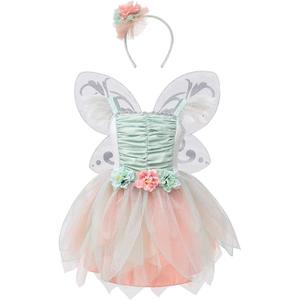 Fairy Costume Dress for Girls, Green Princess Flower Girl Dress, Tutu Dress with Headband and Wings (5-6 years)