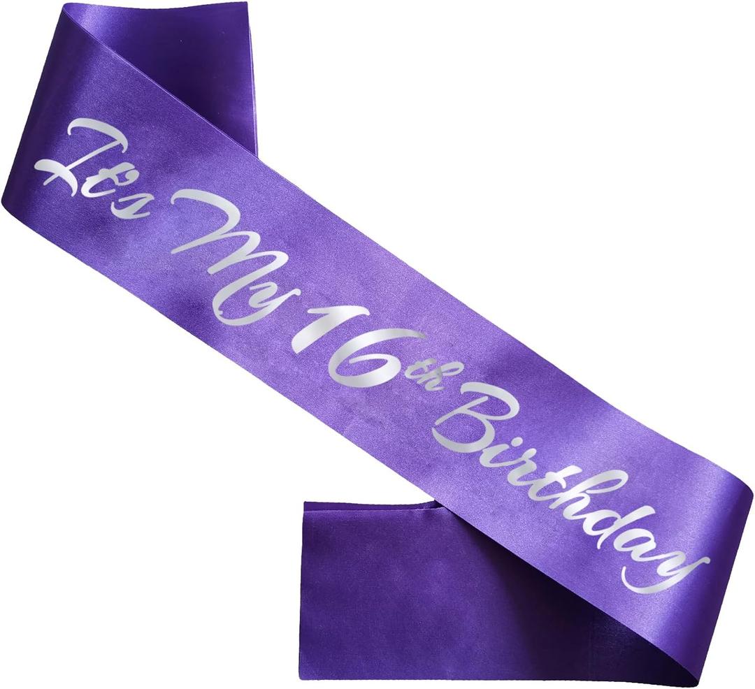 It's My 16th Birthday Sash, Purple Silver Birthday Sash for 16th Bday Party Supplies, Gifts for Girls Bday Party Favors