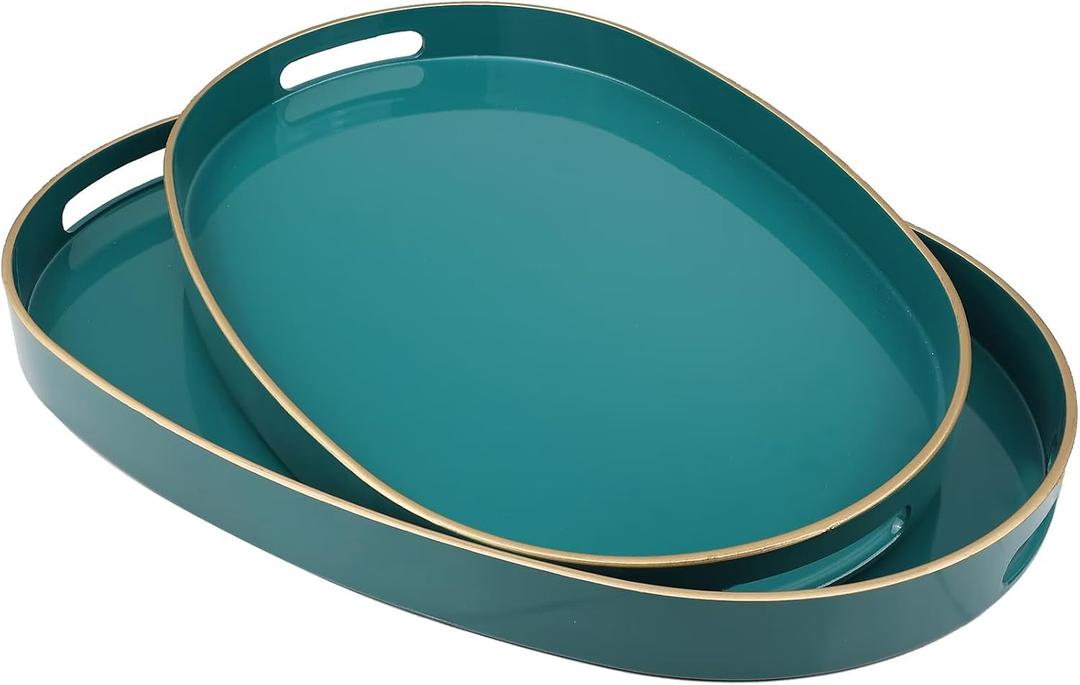 Green Oval Decorative Tray with Handles, Set of 2 Versatile Serving Trays for Coffee Table, Ottoman, Ideal for Serving, Displaying, Organizing (Oval, 2oval Green)