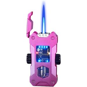 Smart Butane Torch Lighter, Voice-Activated Windproof Refillable Lighters with 4 Ignition Options, Spinner Mecha Design with Dazzling Color Breathing Lights (Fuel Not Included) (Pink Gradient)
