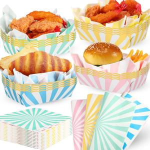 120 Sets Pastel Paper Food Trays with Grease Resistant Wax Deli Paper Sheet Pastel Christmas Party Supplies Disposable Food Boats with Scalloped Gold Foil for Hot Dog Fries Taco Popcorn