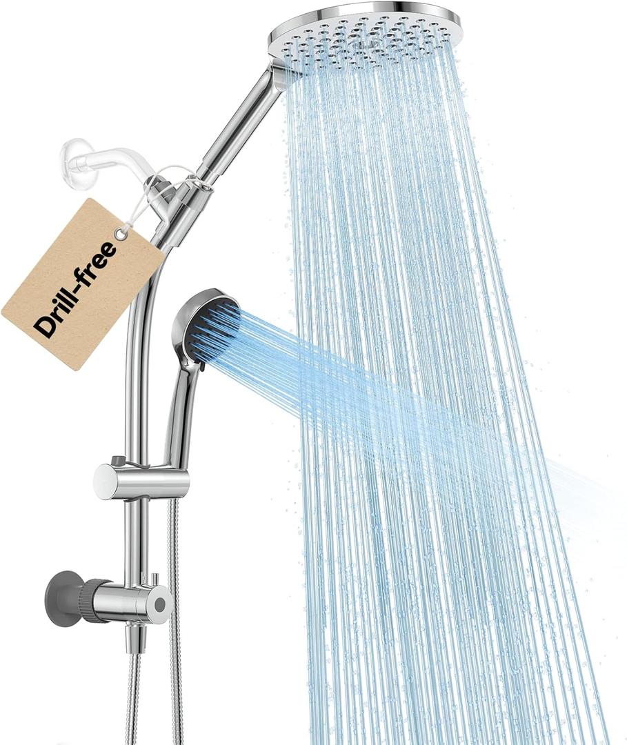 Drill-free Dual Shower Head with Handheld Combo Rainfall Shower Head Easy Reach 3-way Diverter Stainless Steel Slide Bar with Height Adjustable Holder Adjustable Rain Showerhead (Chrome)
