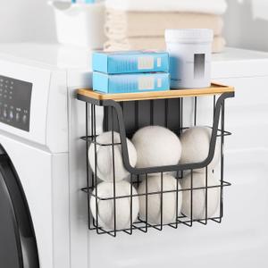 Magnetic Dryer Ball Holder - Black Basket for Laundry Room Organization and Storage with Bamboo Top - Magnetic Lint Bin Suitable for Washer and Dryer / Fridge / Whiteboard (No Balls)