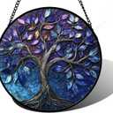 Stained Glass Window Hanging, Blue Purple Tree of Life Sun Catchers Colorful Glass Panel Plants Suncatcher Decor for Birthday for Women,Men,Wife, Lovers, and Mom 6.3 in
