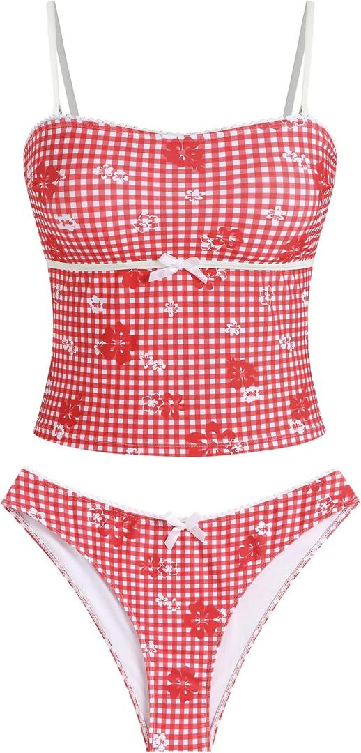 ZAFUL Tankini Swimsuits for Women Bow Tie Side Bathing Suits Tummy Control High Cut Two Piece Bikini Sets (Medium, Red)