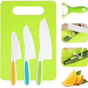 Kids Knife Set, 6 Pcs Montessori Kitchen Tools for Toddlers' Real Cooking for 3+, BPA Free Kids Safe Kitchen Cooking and Baking Set with Peeler, Cutting Board for Sandwich Bread Vegetable Fruit Gift