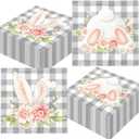 48Pcs Happy Easter Napkins Paper with Cute Bunny Flower and Gray Gingham, Easter Party Supplies Disposable Bunny Luncheon Napkins for Spring Holiday Birthday Party Baby Shower Dinner Kitchen Bathroom