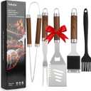 Yekale BBQ Grill Accessories Set, Grill Tools Grilling Accessories Grilling Gifts for Men - Spatula, Fork, Brush, Tongs & Cleaning Brush - Outdoor Barbecue Utensils Gifts for Men Dad Him (Wood)