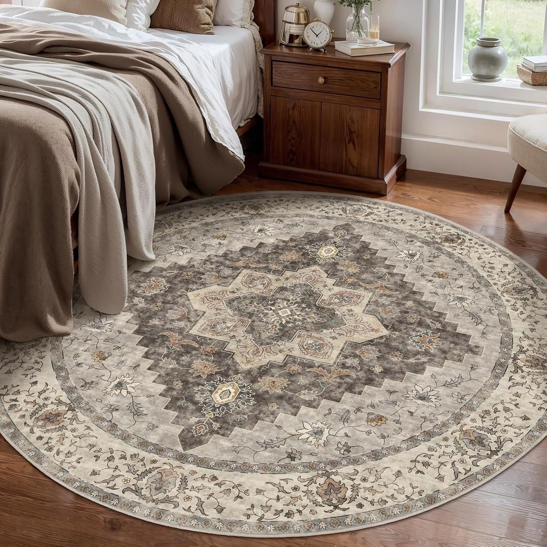 Tangsoo Vintage Round Rug 5ft, Washable Circle Rugs, Farmhouse Non Slip Round Area Rug, Low Pile Circular Rugs, Boho Round Carpet for Bedroom, Living Room, Nursery, Dorm, Office, Grey/Multi