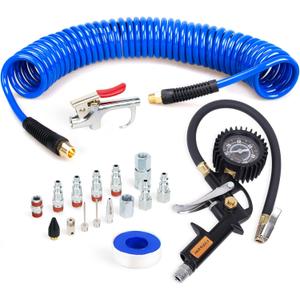 18 Pieces Air Compressor Accessories kit, 1/4 inch x 25 ft Recoil Poly Air Compressor Hose Kit, 1/4" NPT Quick Connect Air Fittings, 100 PSI Tire Inflator Gauge, Heavy Duty Blow Gun