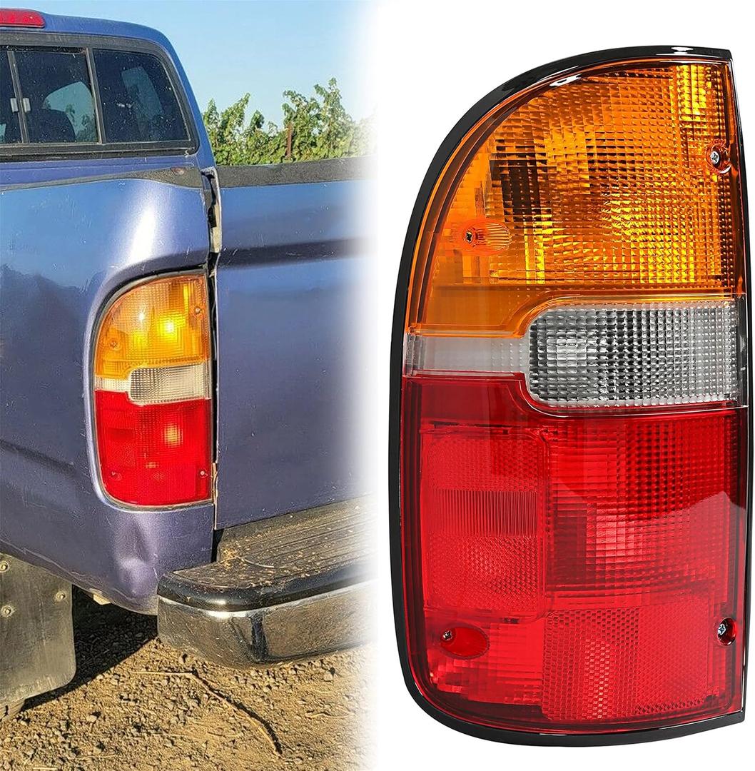 HECASA Tail Light Assembly Compatible with 1995-2000 Toyota Tacoma Driver Side Signal Brake Lamp Taillight W/Bulb(s) Replacement for TO2800116 (LH, Red/Amber/Clear Lens + Chrome Housing)