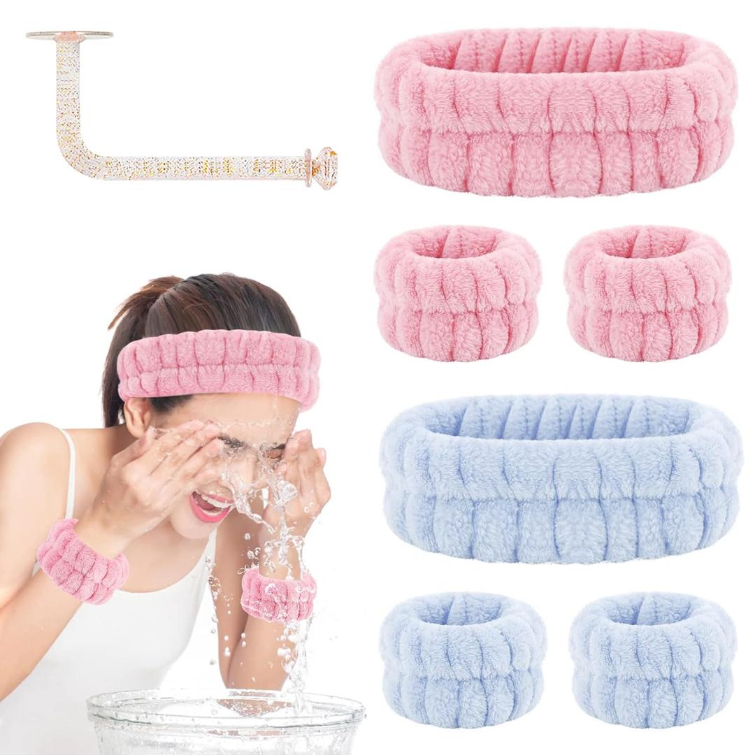 Face Wash Set - Headband, Absorbent Microfiber Wristbands with Holder for Washing Face, Spa Wrist Scrunchies (2 Sets, Blue and Pink)