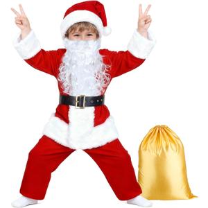 SOMOYA Boys Santa Costume for Kids Child Santa Suit Set Velvet Santa Claus Costume Christmas Santa Suit for Kids 6pcs Set (Large, Red)
