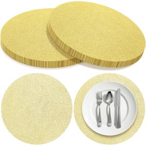 120 Pcs Gold Placemats Set 13 Inch Disposable Wedding Round Gold Foil Table Mats Bulk Metallic Mesh Pressed Table Mats for Wedding Home Decoration Church Festival Birthday Party