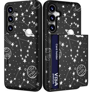 Compatible with Samsung Galaxy S23 FE Case Cute with Card Holder / S23FE Shockproof Slim Slot Wallet Phone Cover for Women/White Stars Universe Planets Galaxy Cosmo