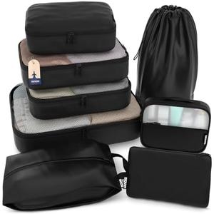 Shacke Premium 8 Packing Cubes Set - Lightweight Mesh Travel Luggage Organizers with Laundry Bag, 8-Piece Suitcase Storage System (Air Black)