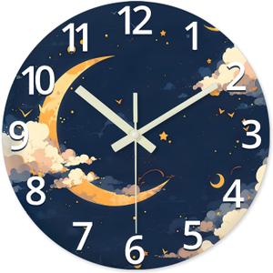 Moon Battery Powered Clock Analog 12 Inch Round Glow in The Dark Wall Clock for Kids Bedroom Small Wall Clock Silent (Blue4)