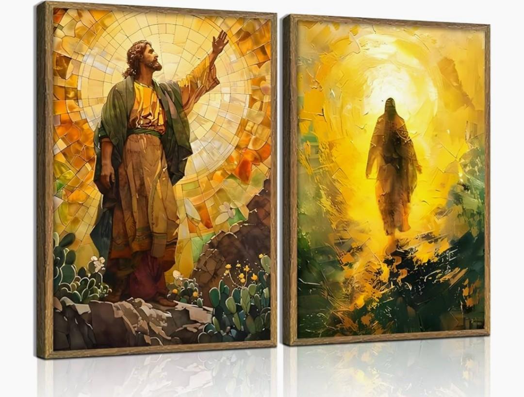 2 Pcs Wood Framed Jesus Wall Art Decoration Paintings Religious Beliefs Christian Bible Themes Canvas Wrapped Posters Jesus Faith Artworks Gallery Level Prints Hanging Paintings Living Room Bedroom Church Decoration Pictures 16x24 Inch (Yellow Jesus)
