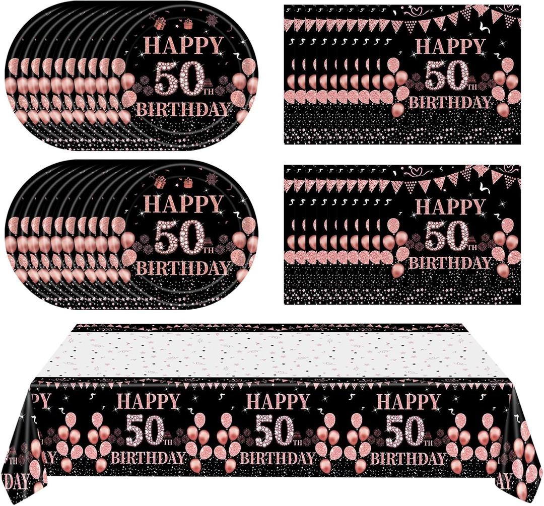 41Pcs 50th Birthday Decorations for Women, Vintage 50 Birthday Black and Rose Gold Disposable Paper Plates and Napkins Party Supplies for 20 Guests, 41Pcs Include 7" Plates Napkins and Tablecloth