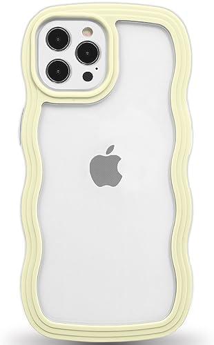 Anuck for iPhone 12 Pro Case Wavy Edge Clear Back Design, Anti-Slip Grip Cute Wave Curly Frame Shape Shockproof Soft TPU & Hard Bumper Protective Phone Case Cover for Women Girls, Yellow, Set of 2
