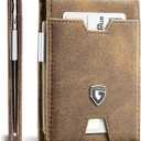 GSOIAX Men's Slim RFID Blocking Leather Wallet with Money Clip Minimalist Carbon Fiber Bifold Credit Card Holder 11 Card Slots Gift Box Included(Leather Brown)