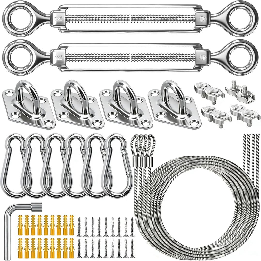 HYASIA Shade Sail Hardware Kit with Wire Ropes, 304 Stainless Steel Heavy-Duty Rustproof Turnbuckles, Hardware for Triangle Rectangle Square Sun Shade Sails, Ideal for Patios Gardens Lawns Outdoor (M6-56)