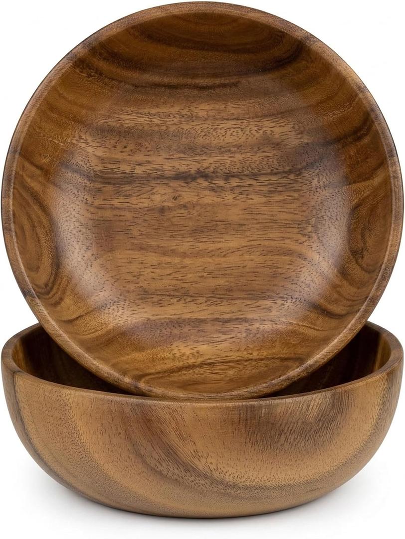 Acacia Wood Salad Bowl Set of 2, 8.6" Natural Solid Wood Serving Bowls, Handcrafted & Hand-Polished, Wooden Salad Bowls for Kitchen & Dining for Pasta, Yogurt, Fruit, Snacks & Gift