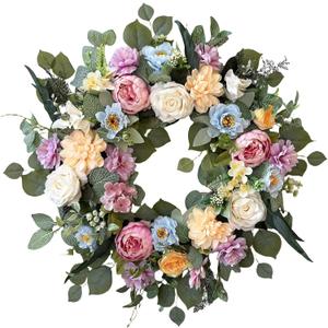 Spring Wreaths for Front Door, Summer Wreath with Peony Rose and Dahlia Flowers, 24 Inch Floral Door Wreath for All Seasons Outside Outdoor Indoor Wall Wedding Holiday Home Decor (Multicolor)