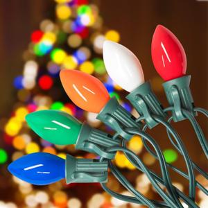 25FT C7 Ceramic Multicolor Christmas Lights Outdoor, Vintage Christmas Lights Green Wire with 25+2 Multicolored C7 Light Bulbs, Hanging String Light for Xmas Tree Home Yard Party Decor, 5W, E12 Base