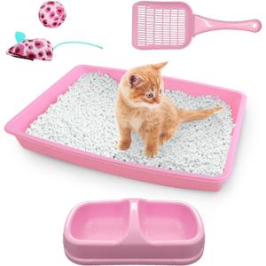 PAWISE Cat Litter Box Set, Small Kitten Starter Kit, Includes Litter Box, Litter Scoop, Double Dish Feeding Bowl, Cat Mouse Toy, Kitty Ball Toy, Pink