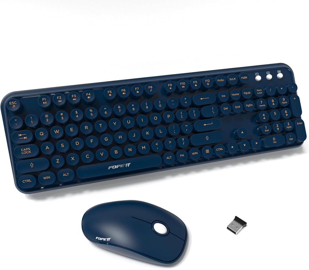 FOPETT Wireless Keyboard and Mouse Combo, 104 Keys Full-Sized 2.4 GHz Round Keycap Colorful Keyboards, USB Receiver Plug and Play, for Windows, Mac, PC, Laptop, Desktop (Dark Blue)
