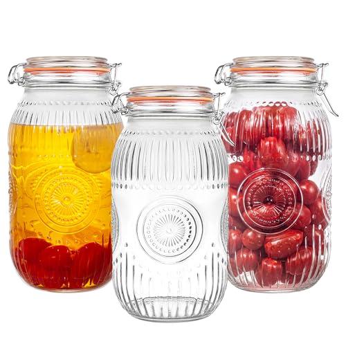 Amzcku Wide Mouth Vintage Mason Jars with Airtight Lid 64oz 2 Quart, Canister Quart Jars for Kitchen Storage - for Coffee, Sugar, Beans 3 Pack