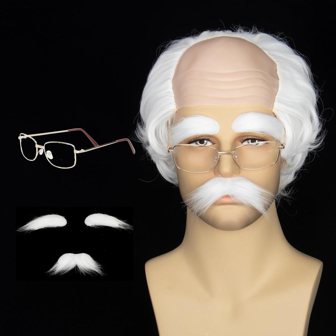 Koonfan Short White Old Man Wig with Mustache Glasses White Grandpa Balding Cap Cosplay Wigs