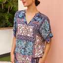 Rapbin Women's Pleated Short Puff Sleeve V Neck, Medium 