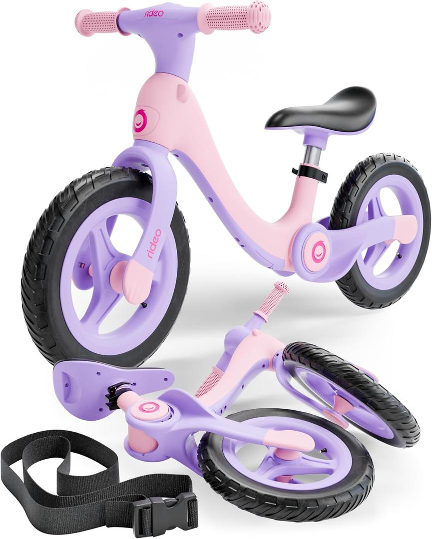 Rideo Folding Kids Balance Bike | Safety First 12" Toddler Bike for Boys & Girls 3 to 5 Years Old | Push Bike with Carry Strap (Pink-Purple)
